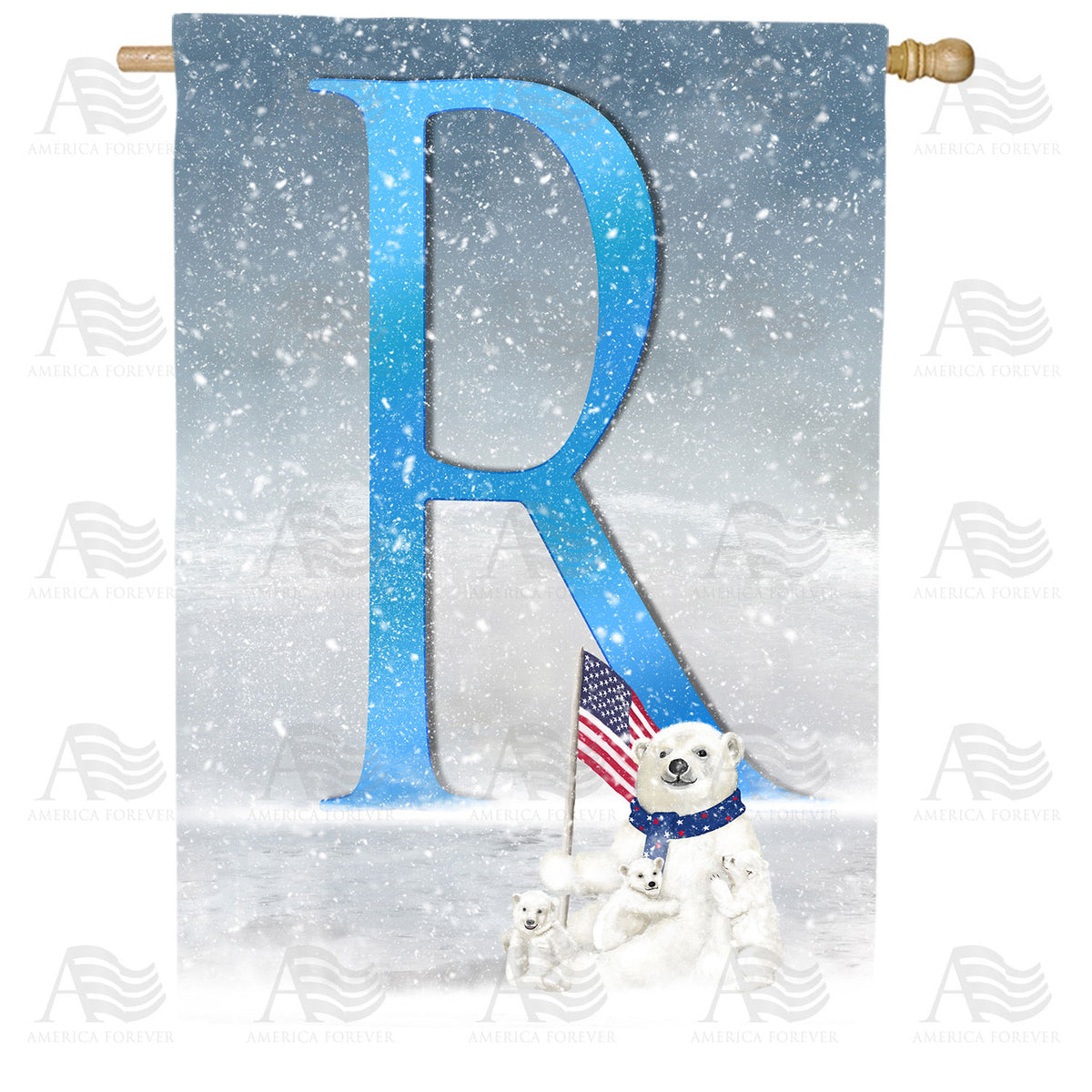 Polar Bear Snow Family Double Sided Monogram House Flag