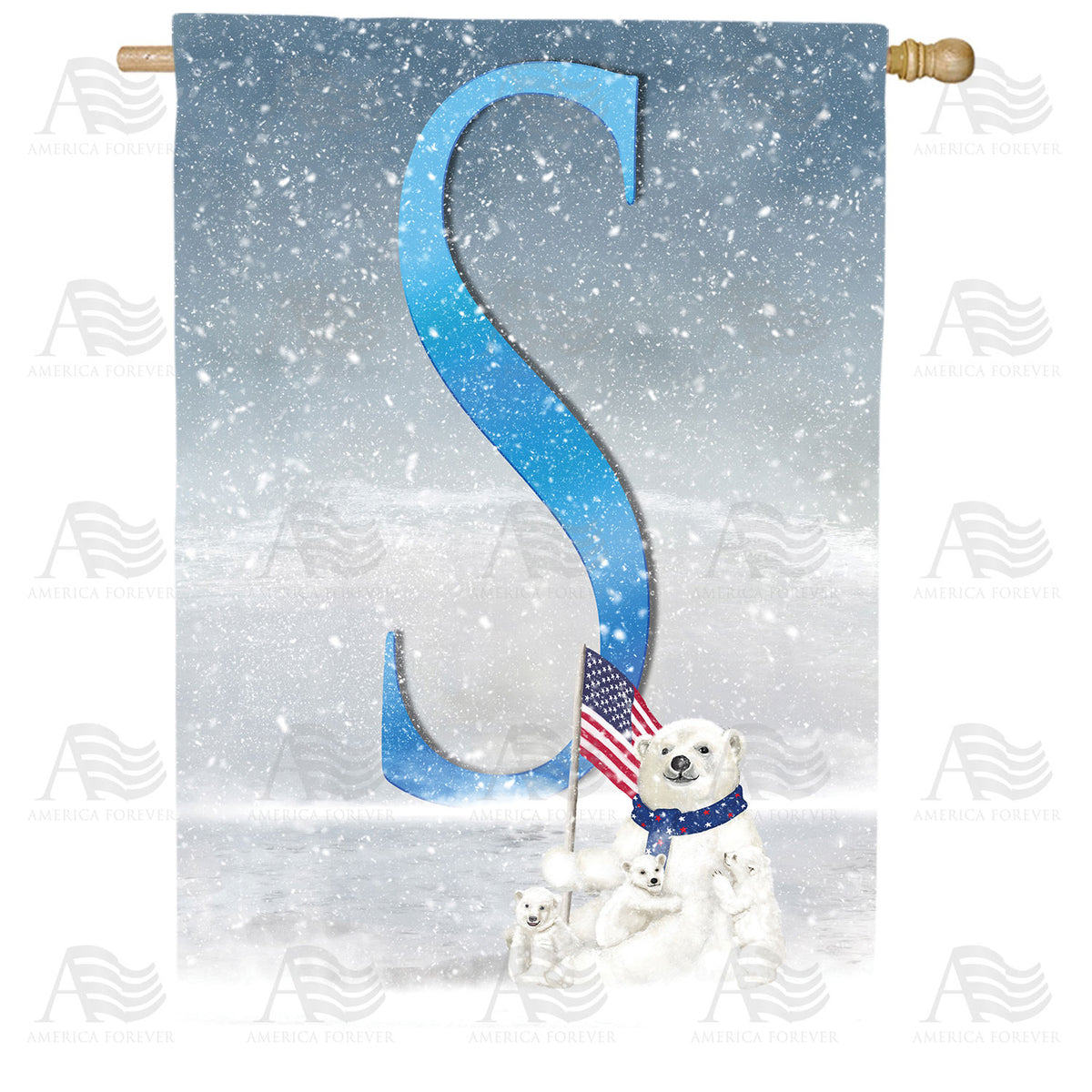 Polar Bear Snow Family Double Sided Monogram House Flag
