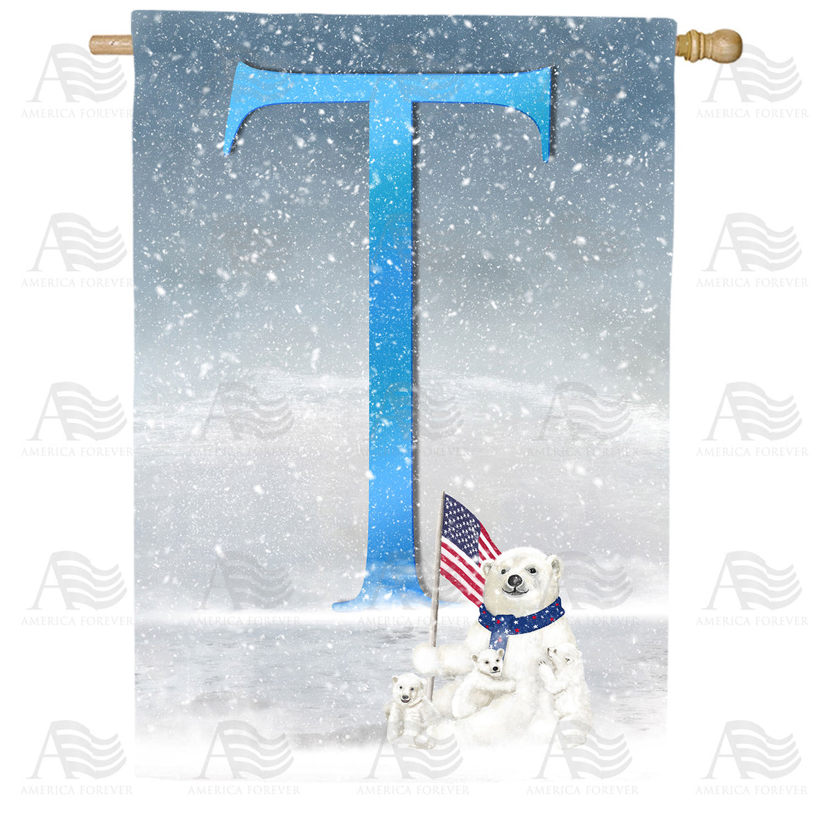 Polar Bear Snow Family Double Sided Monogram House Flag