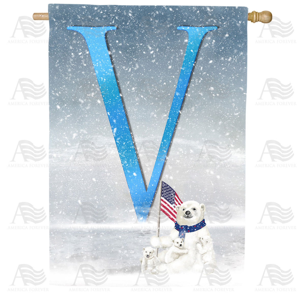 Polar Bear Snow Family Double Sided Monogram House Flag
