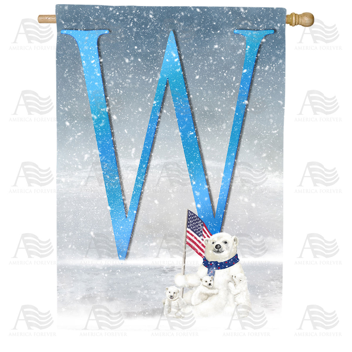 Polar Bear Snow Family Double Sided Monogram House Flag