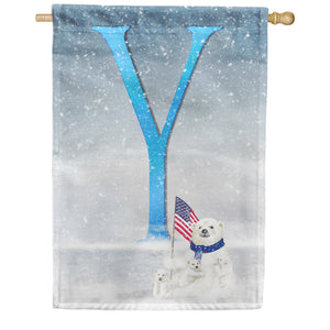 Polar Bear Snow Family Double Sided Monogram House Flag