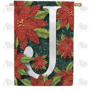 Snowy Poinsettias Double Sided Monogram House Flag