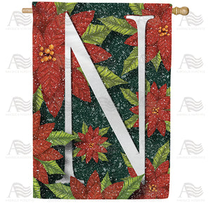 Snowy Poinsettias Double Sided Monogram House Flag