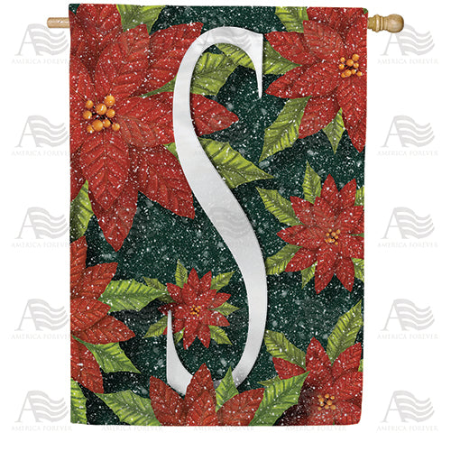 Snowy Poinsettias Double Sided Monogram House Flag