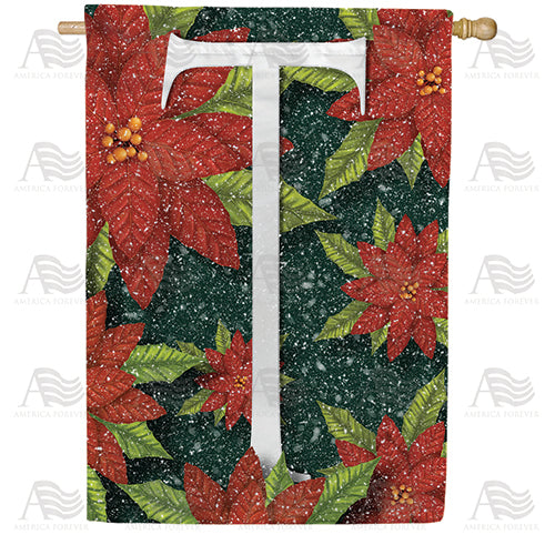 Snowy Poinsettias Double Sided Monogram House Flag