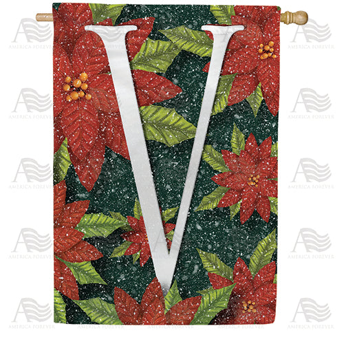 Snowy Poinsettias Double Sided Monogram House Flag
