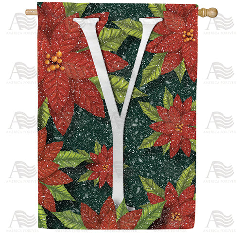 Snowy Poinsettias Double Sided Monogram House Flag