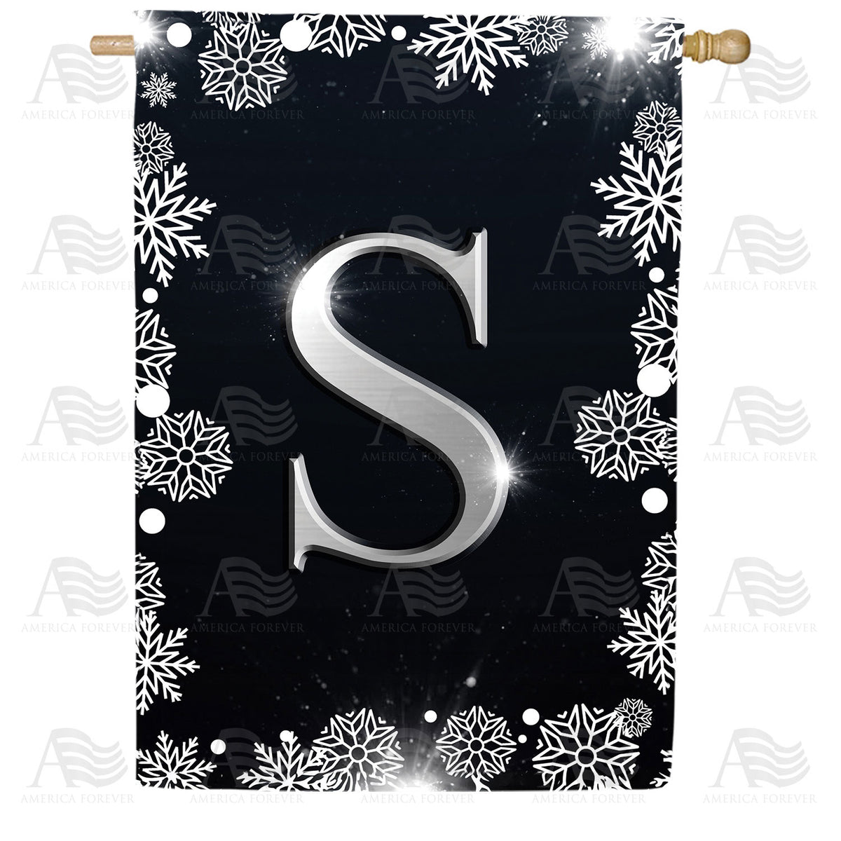 Silver Snowflakes Monogram Double Sided House Flag