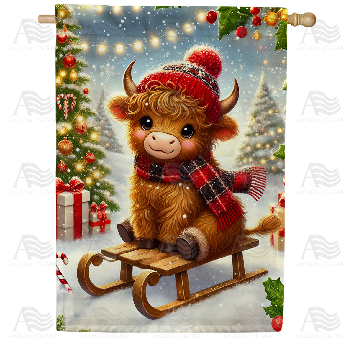 Christmas Highland Cow Double Sided House Flag