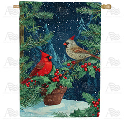 Winter Cardinals Holly Berries Double Sided House Flag