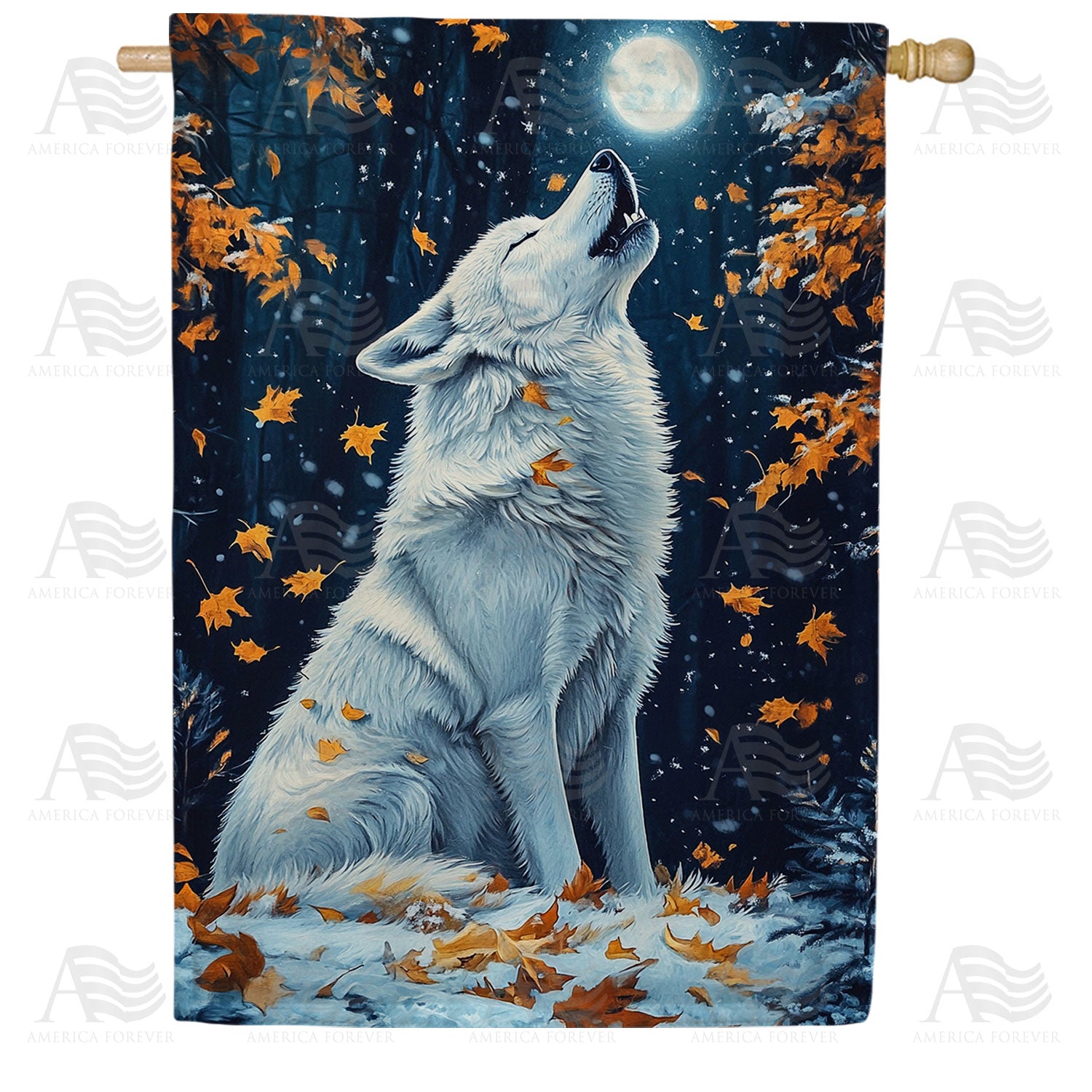 Howling Wolf Autumn Moon Double Sided House Flag