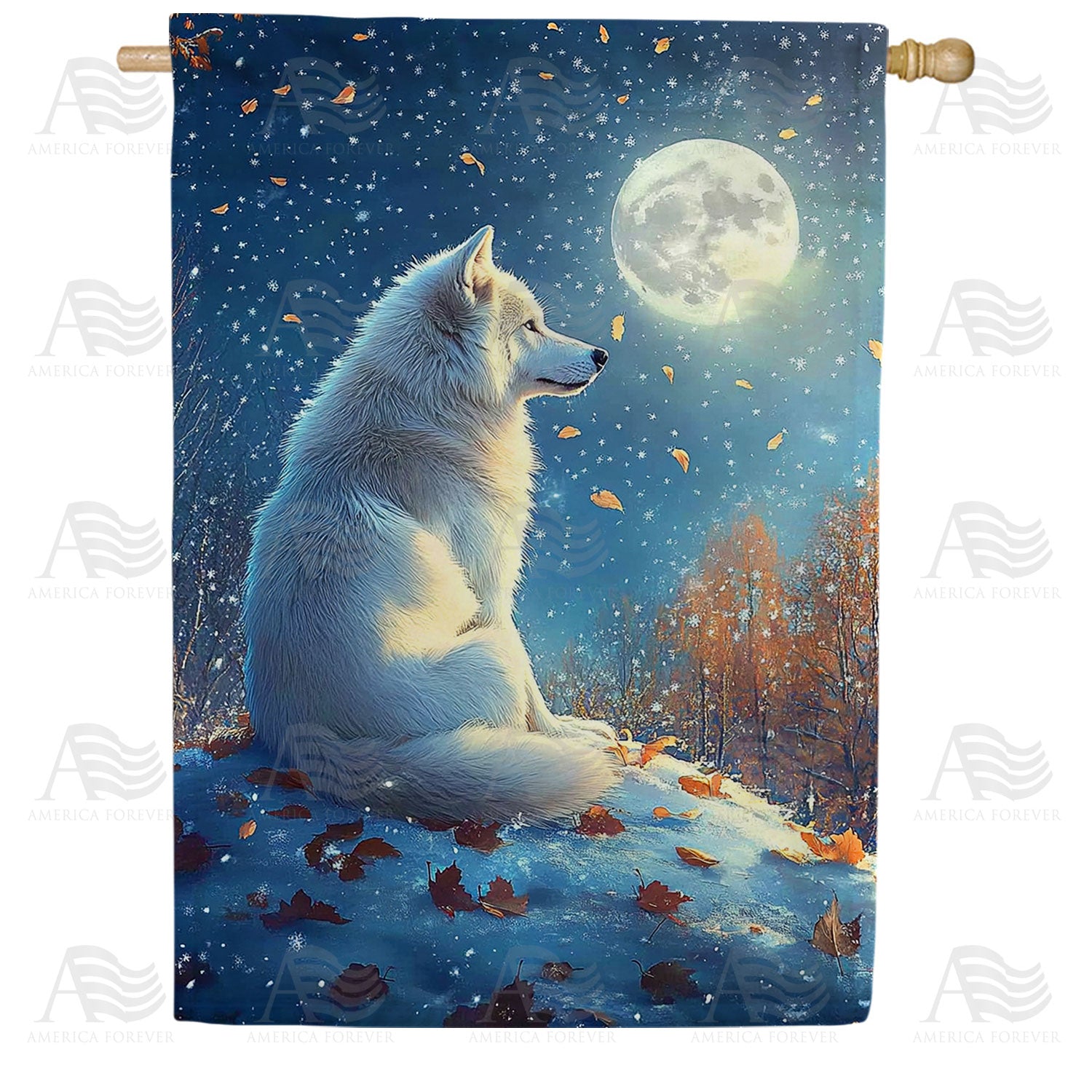Peaceful Wolf Moonlight Autumn Double Sided House Flag
