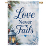Love Never Fails Winter Lantern Snowflakes House Flag