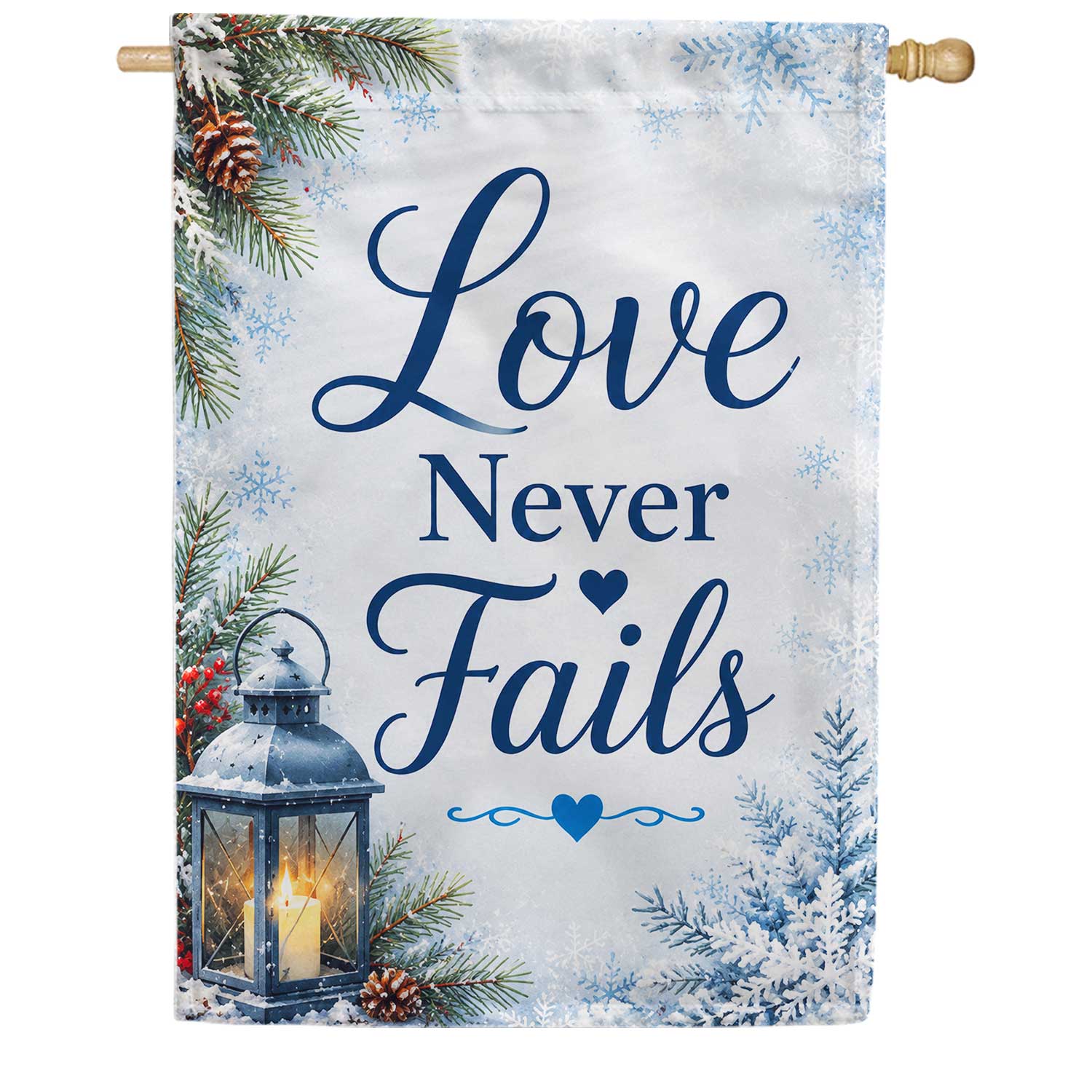 Love Never Fails Winter Lantern Snowflakes House Flag