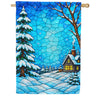 Stained Glass Winter Cabin Snow House Flag