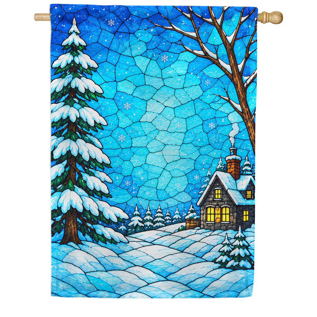 Stained Glass Winter Cabin Snow House Flag
