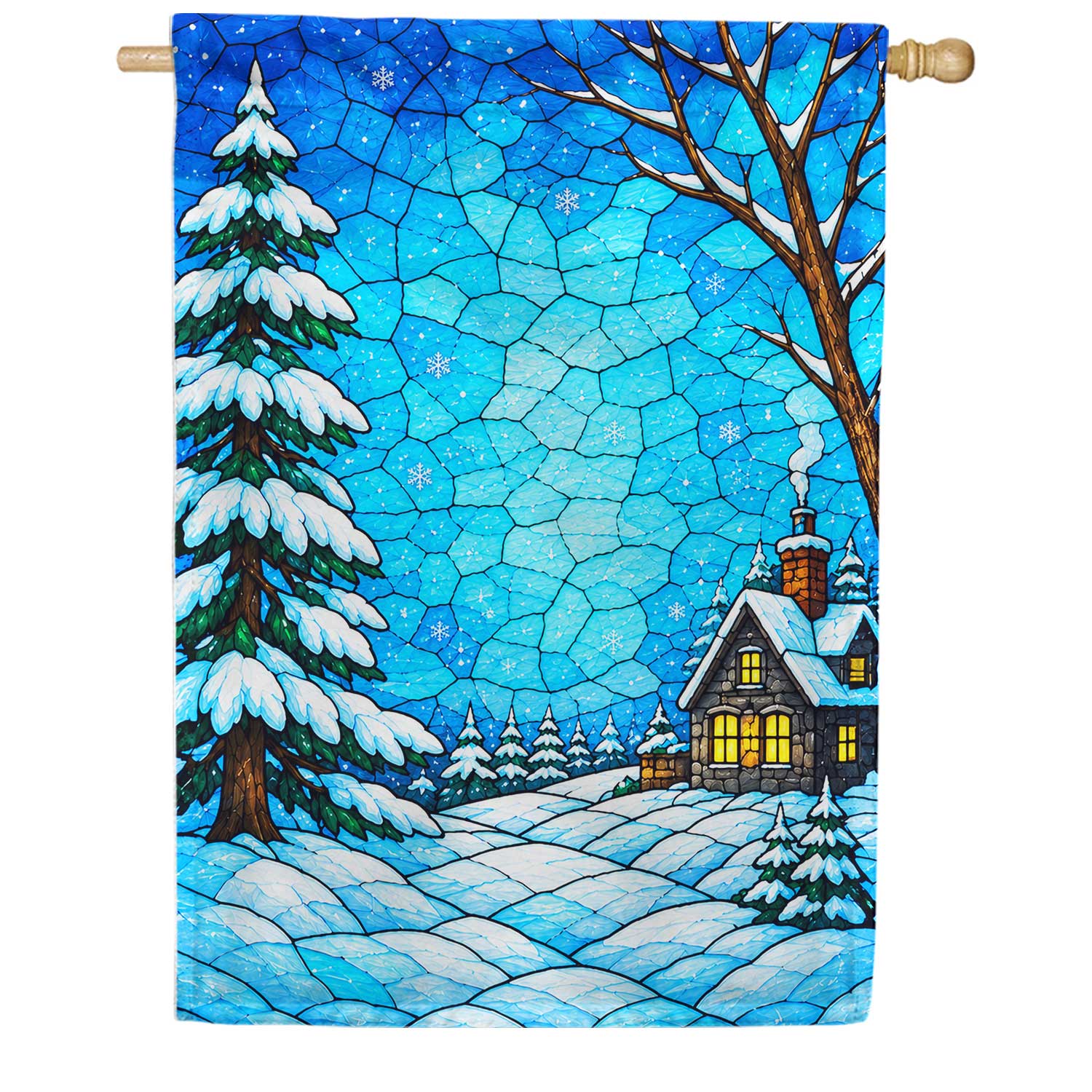 Stained Glass Winter Cabin Snow House Flag