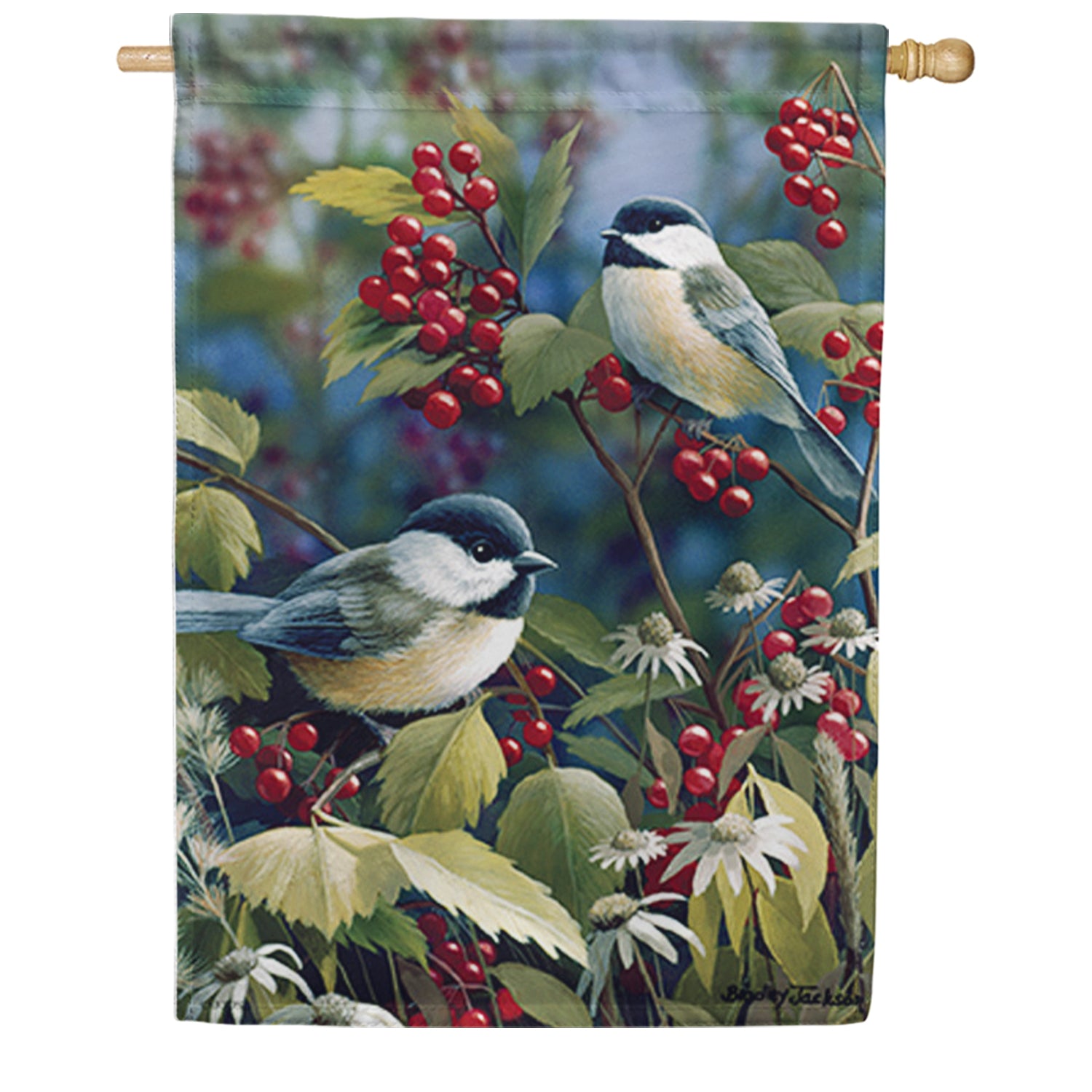 Autumn Berry Chickadees House Flag