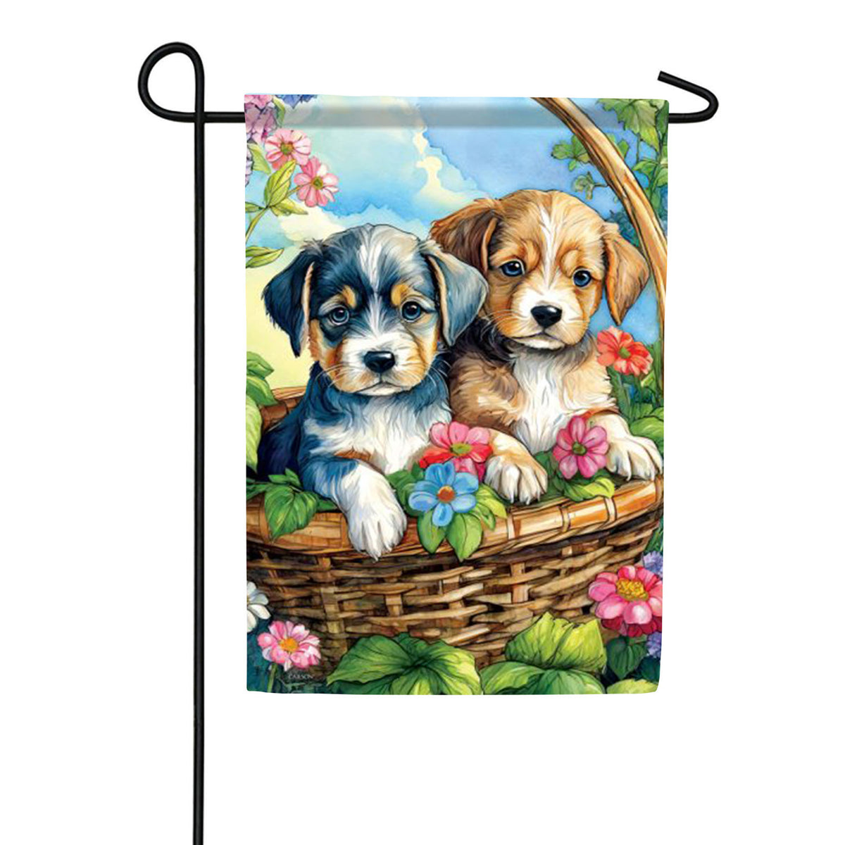 Puppies in Basket Garden Flag