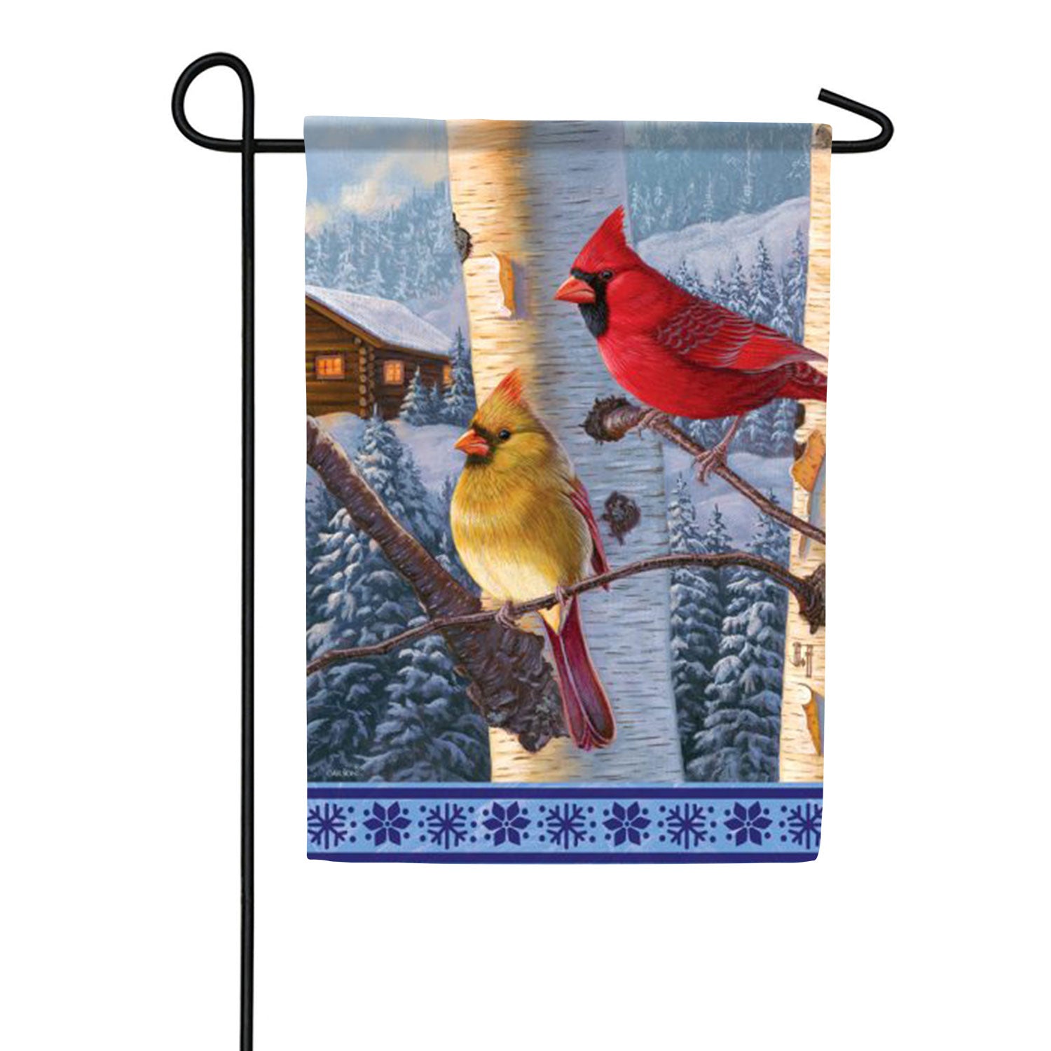 Winter Cardinal Cabin Double Sided Garden Flag