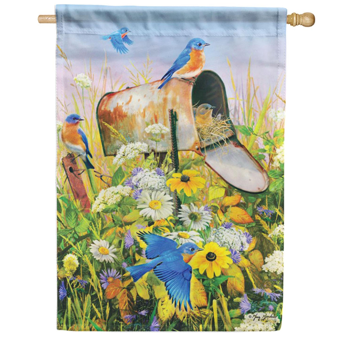 Bluebirds & Flowers Double Sided House Flag