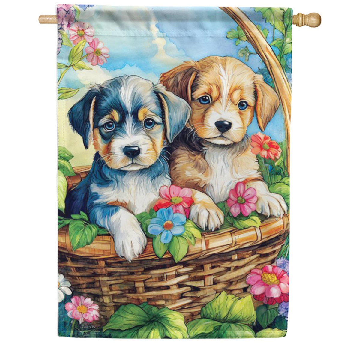 Puppies in Basket House Flag