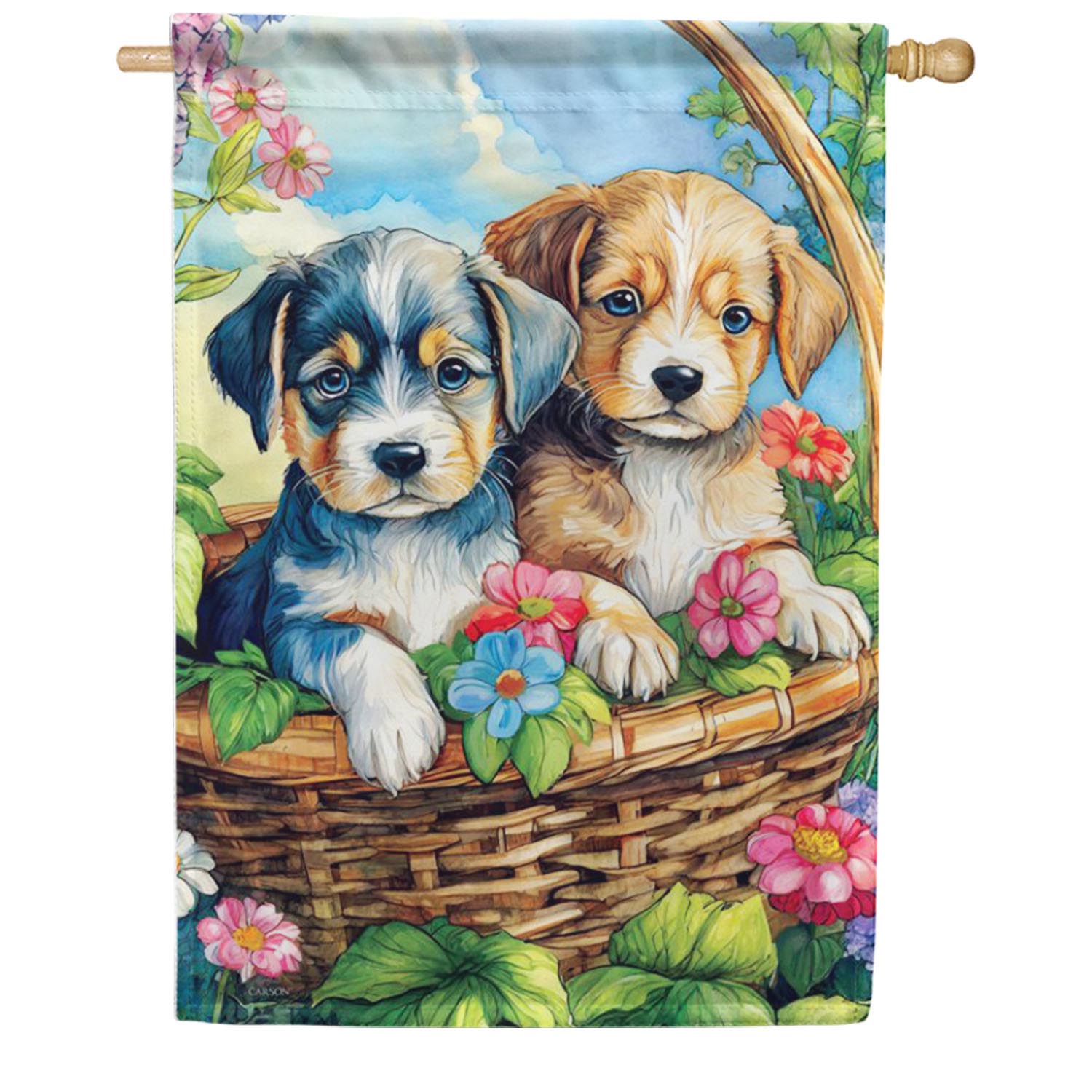 Puppies in Basket House Flag