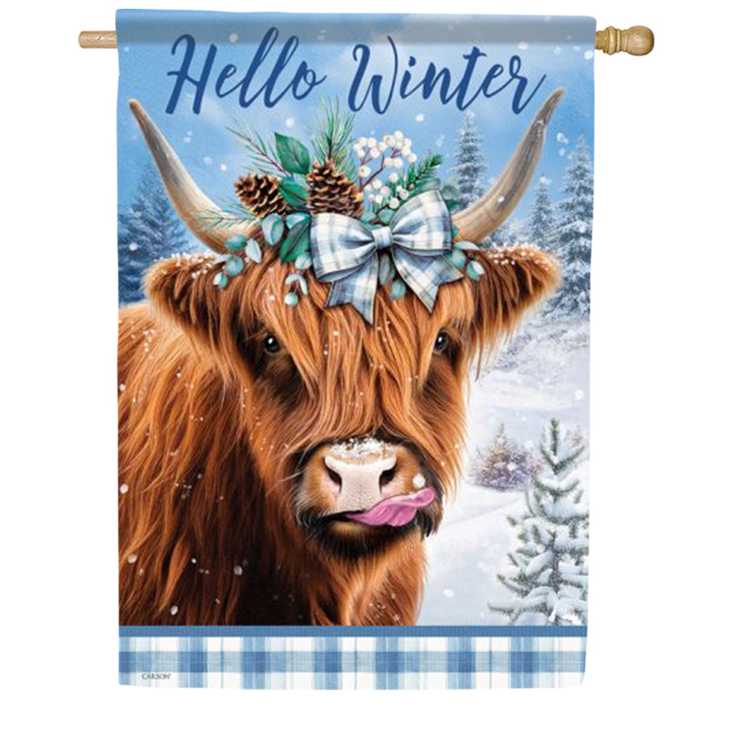 Hello Winter Highland Cow House Flag