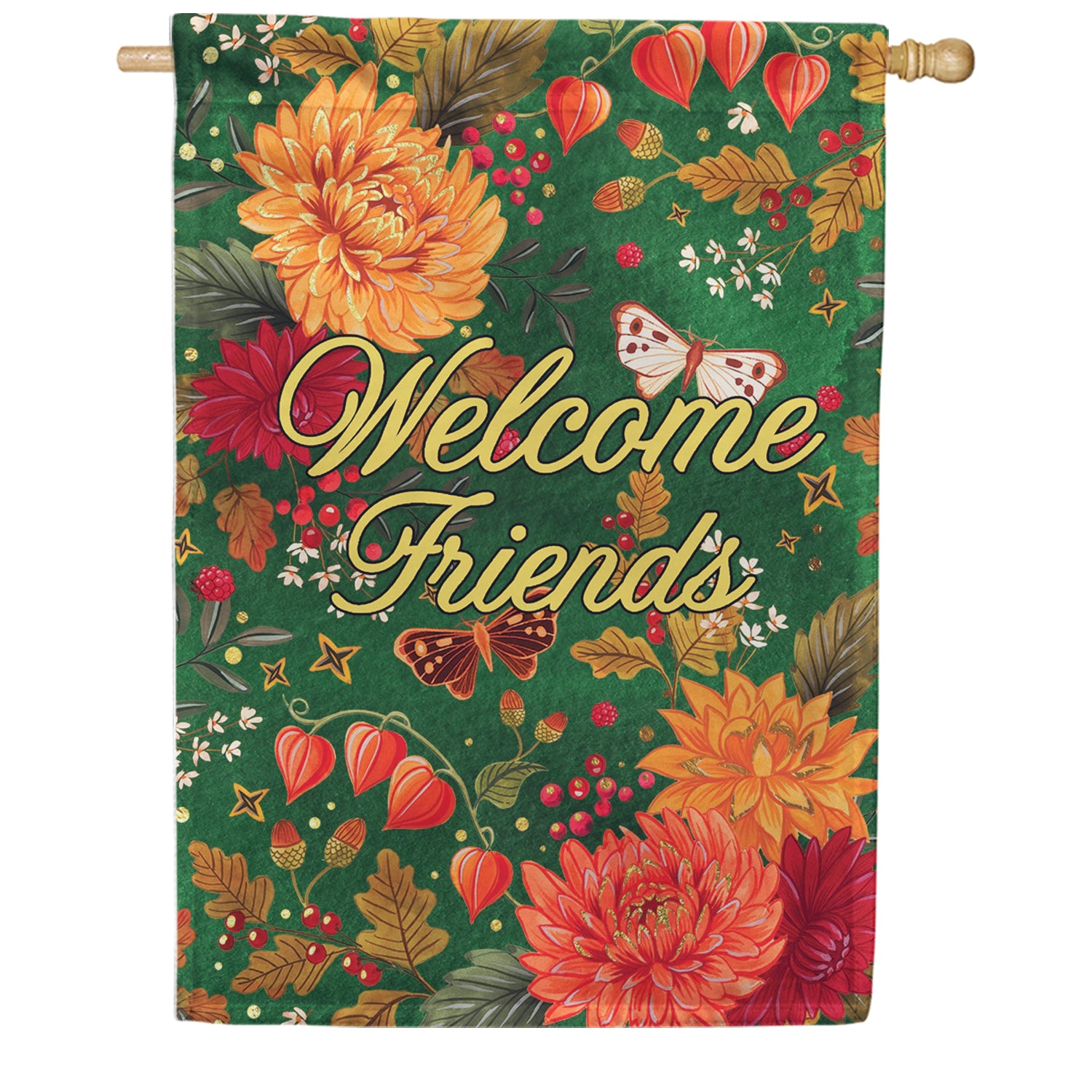 Custom Decor Welcome Friends Mums on Green House Flag