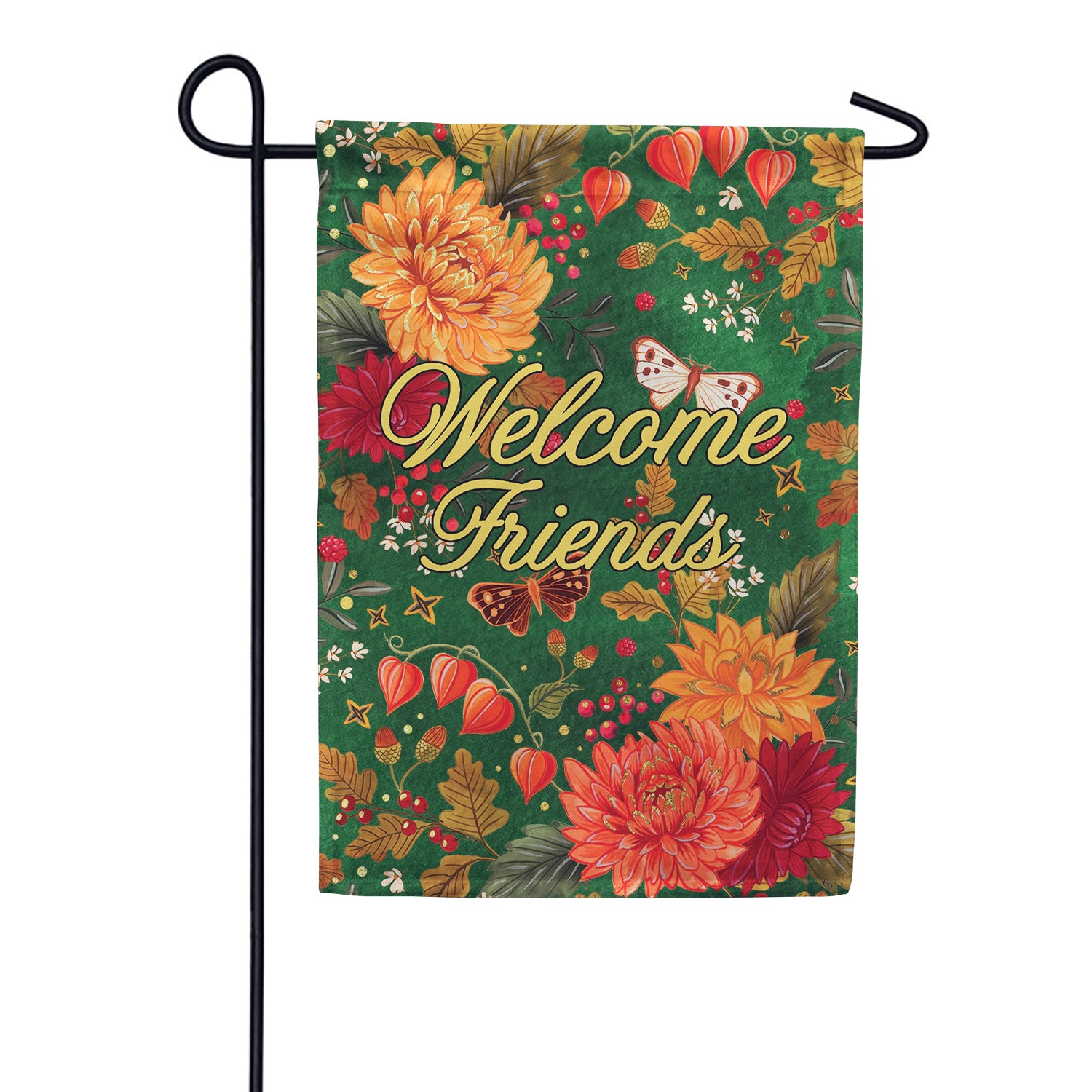 Custom Decor Welcome Friends Mums on Green Garden Flag