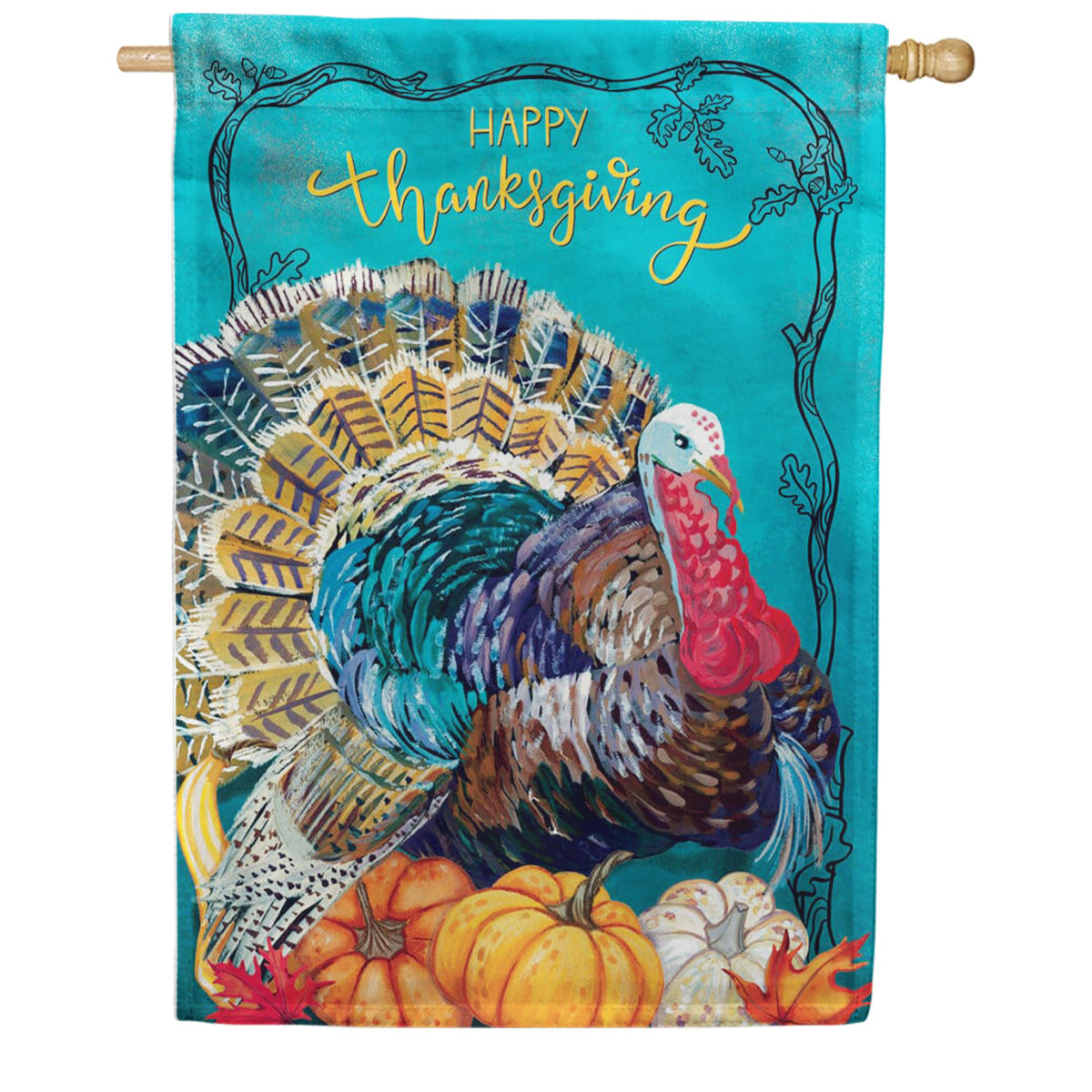 Custom Decor Happy Thanksgiving Teal Turkey House Flag