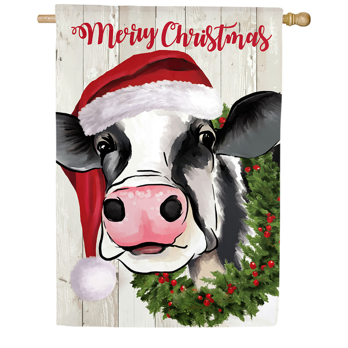 Evergreen Christmas Cow Burlap House Flag