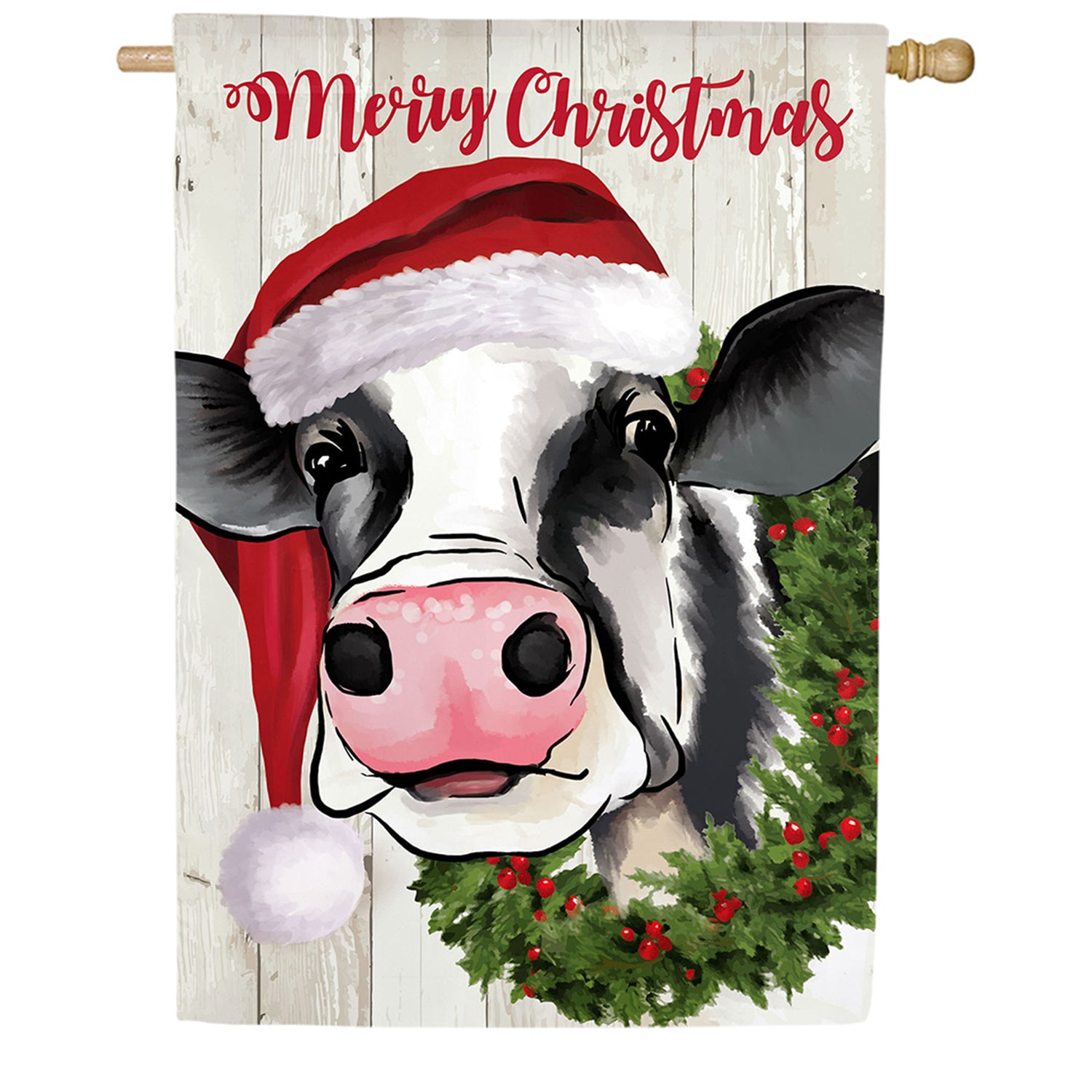 Evergreen Christmas Cow Burlap House Flag