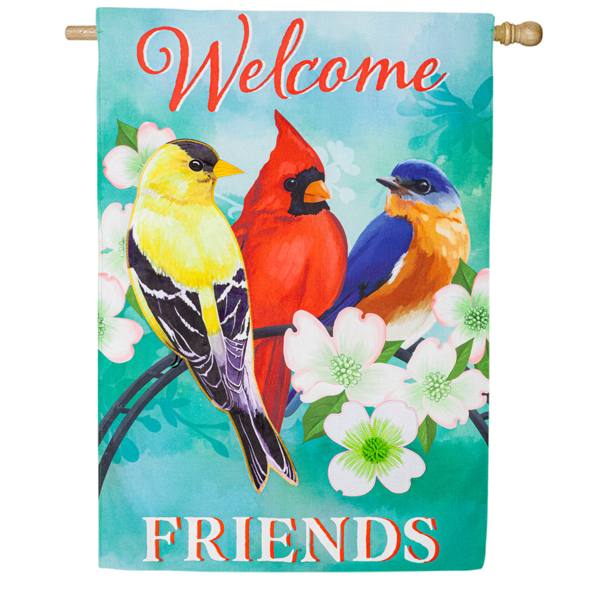 Evergreen Welcome Friends Songbirds Burlap House Flag