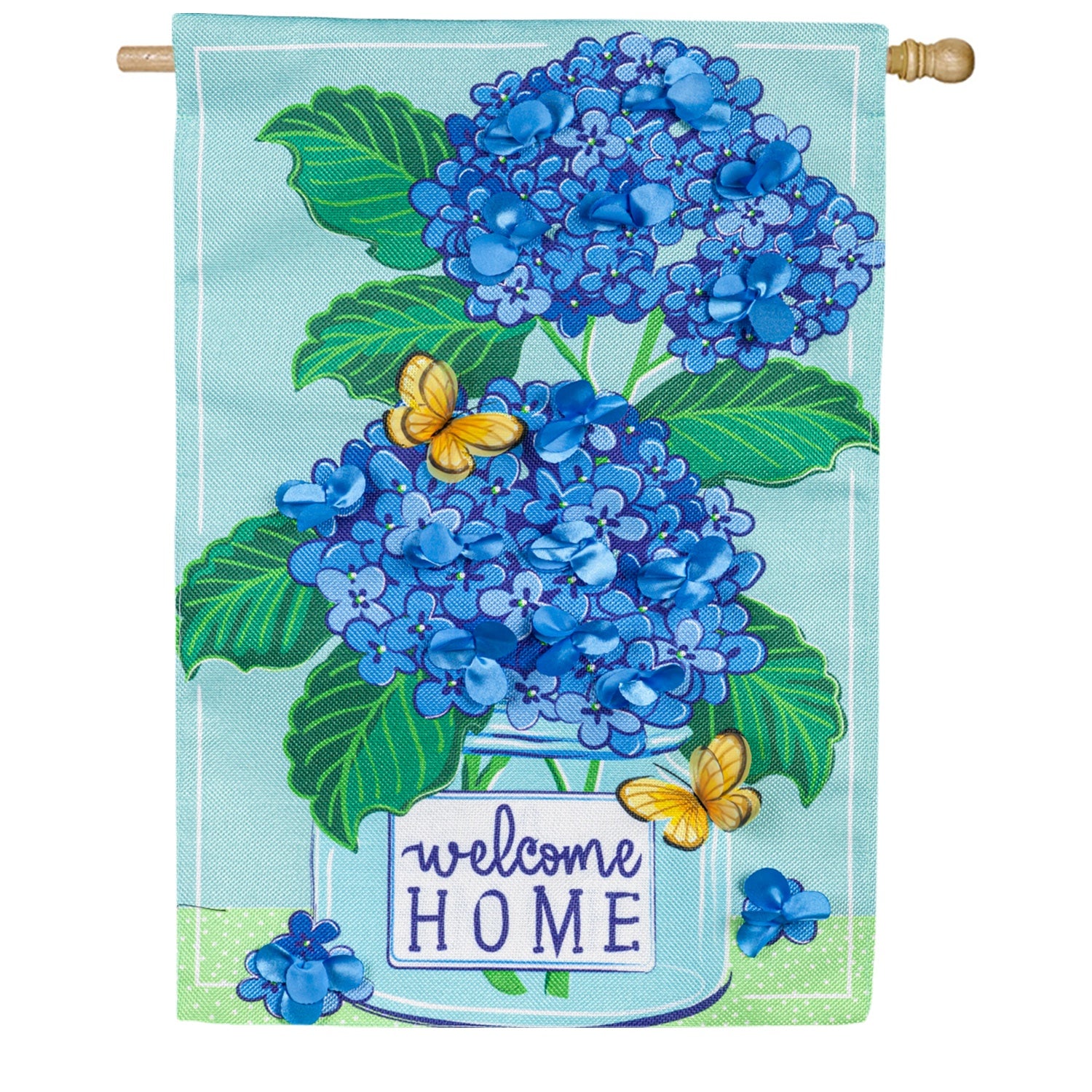 Evergreen Welcome Home Hydrangeas Burlap House Flag
