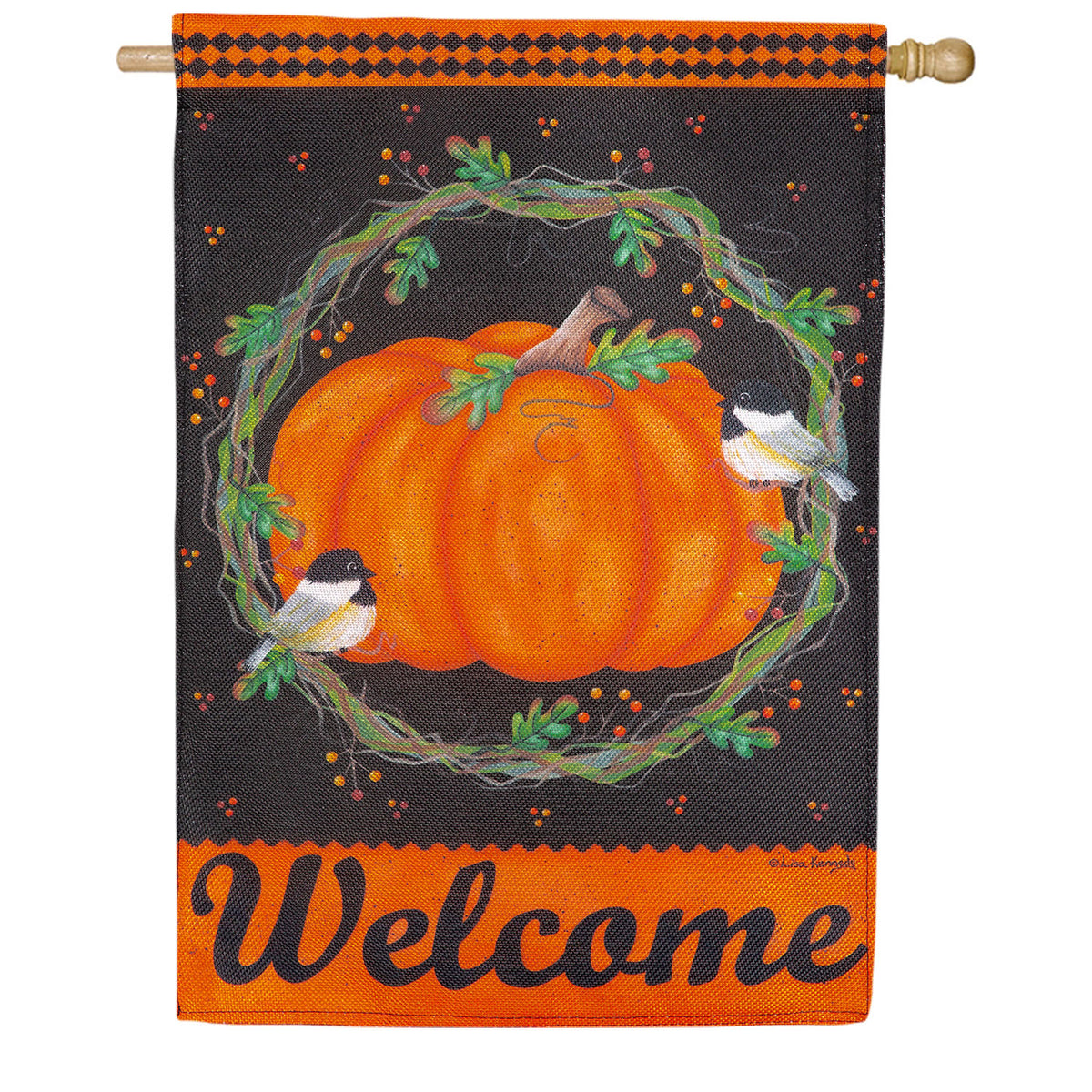 Evergreen Chickadee and Pumpkin Burlap House Flag