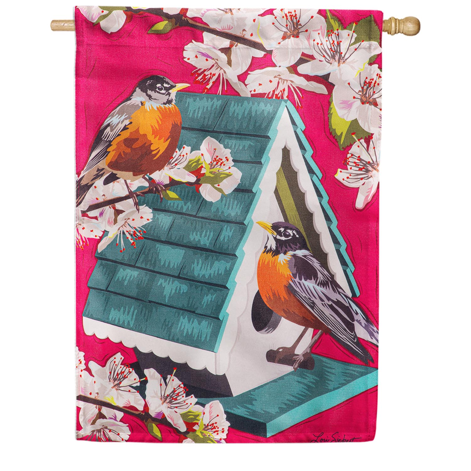 Evergreen Cherry Blossoms & Friends Burlap House Flag