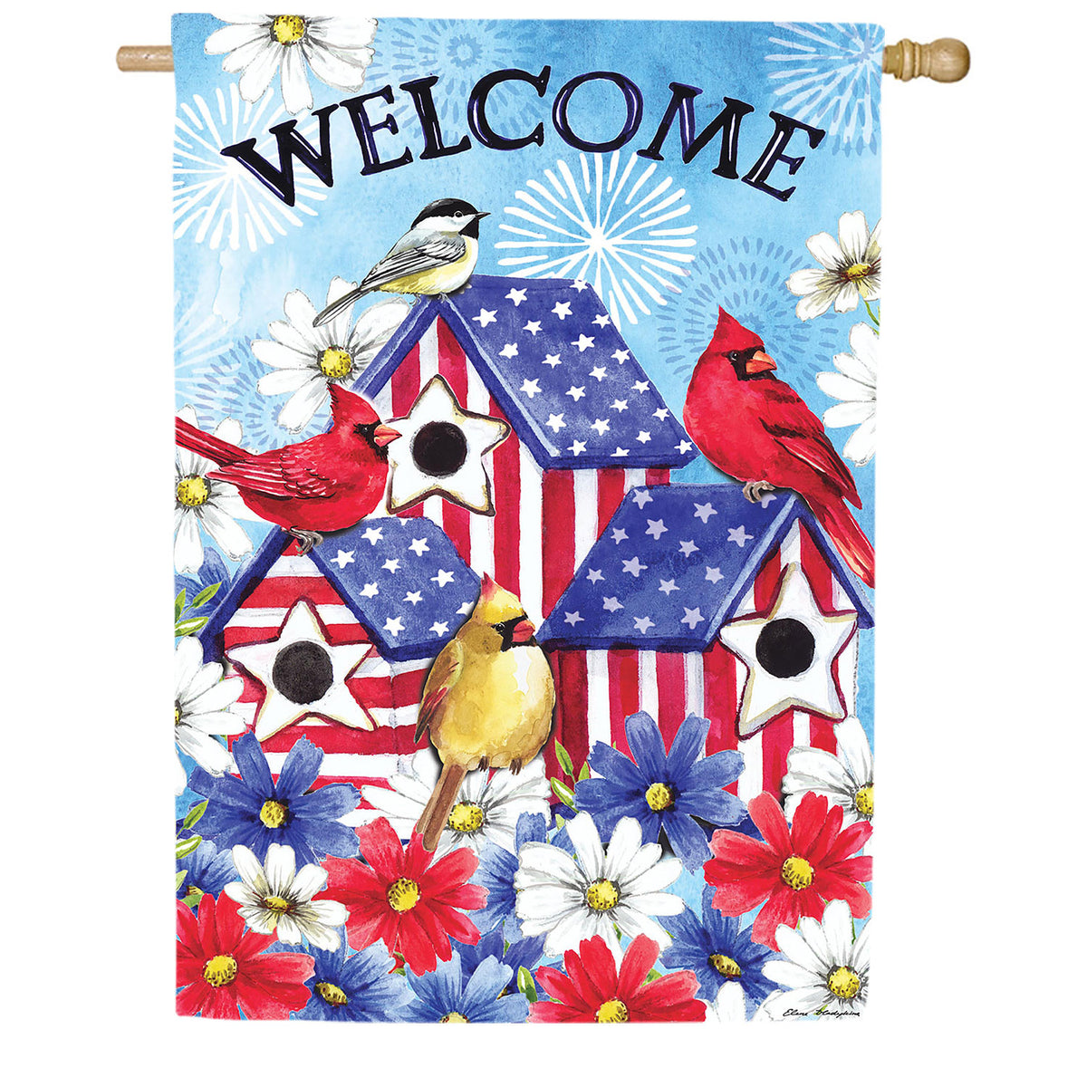 Evergreen Patriotic Birdhouse Burlap House Flag