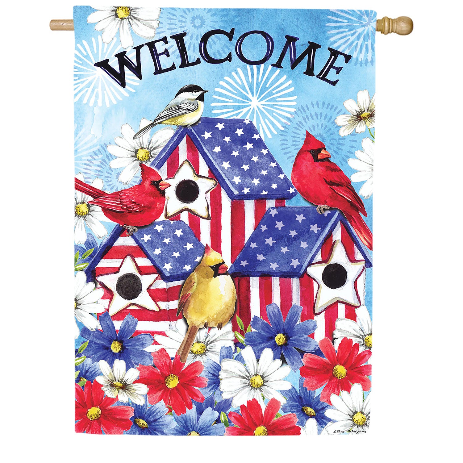 Evergreen Patriotic Birdhouse Burlap House Flag