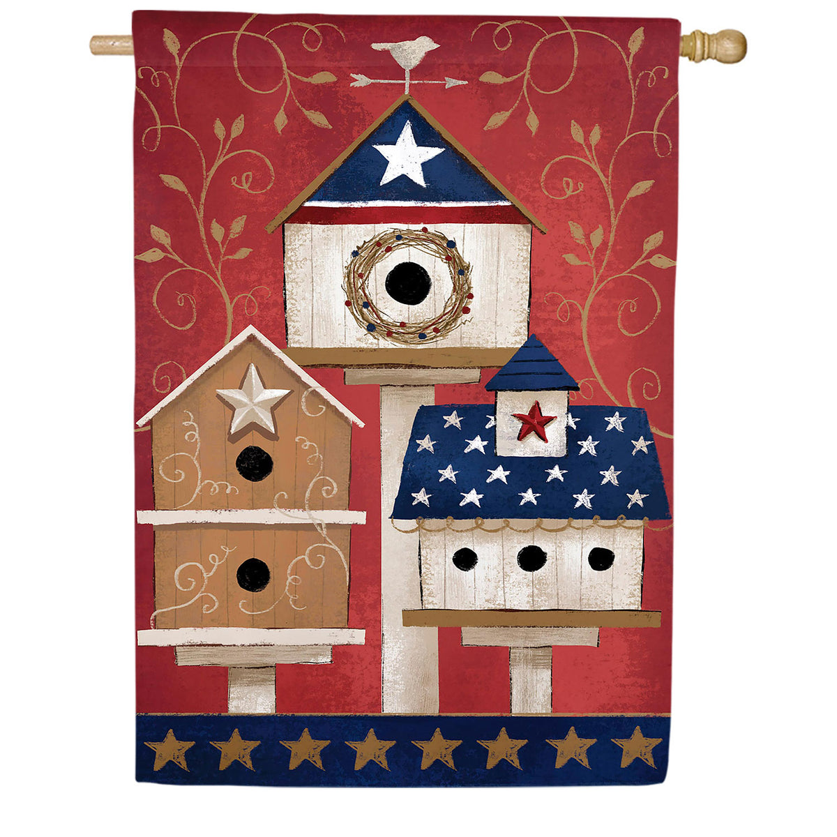 Evergreen Primitive Birdhouses Burlap House Flag