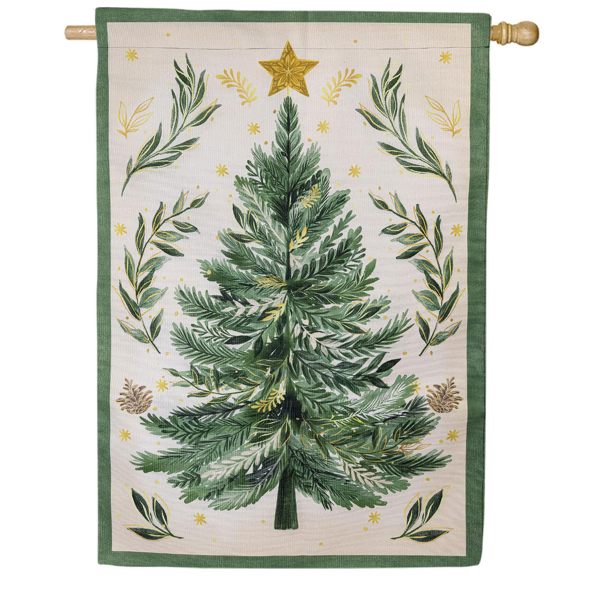 Evergreen Christmas Tree With Acorn Burlap House Flag