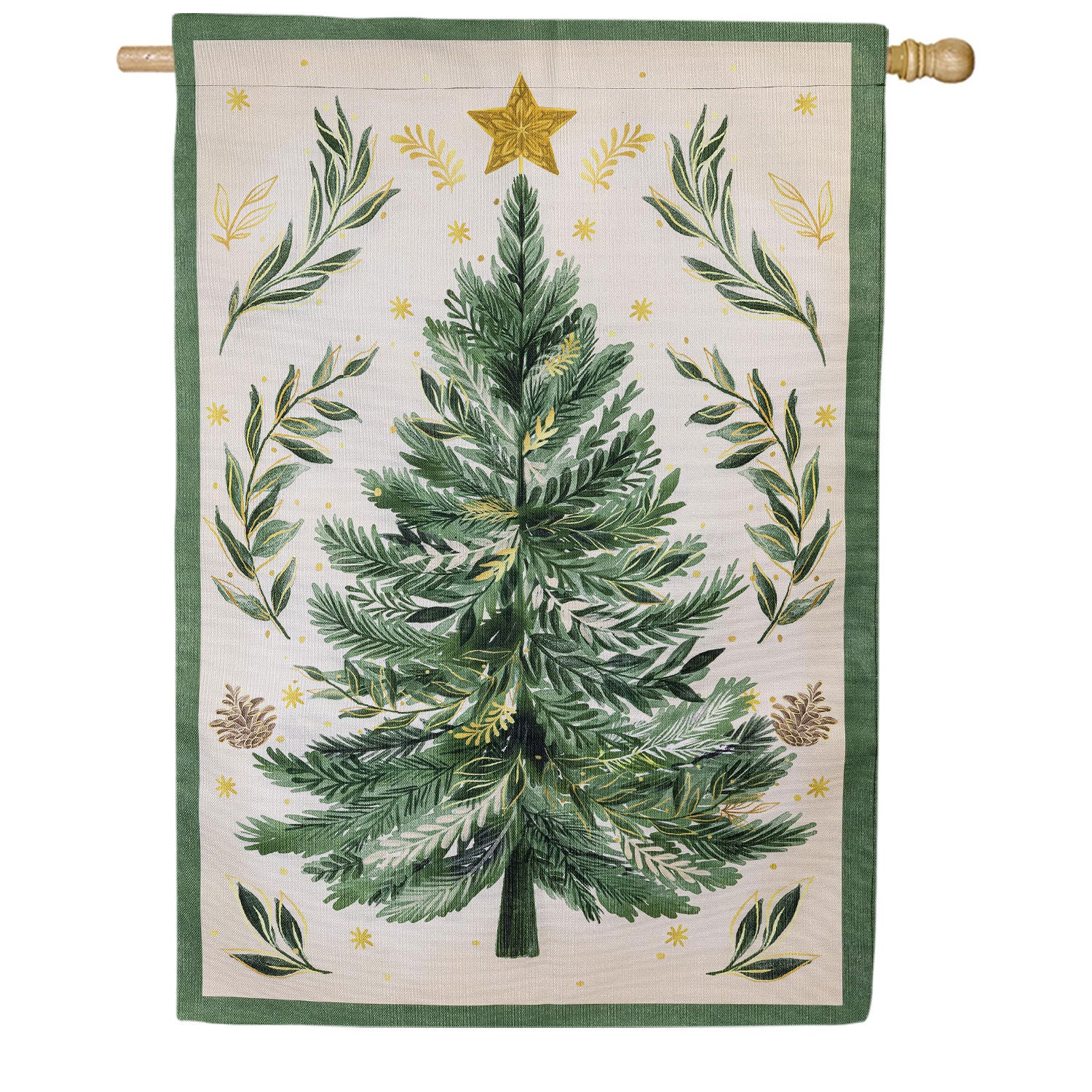 Evergreen Christmas Tree With Acorn Burlap House Flag