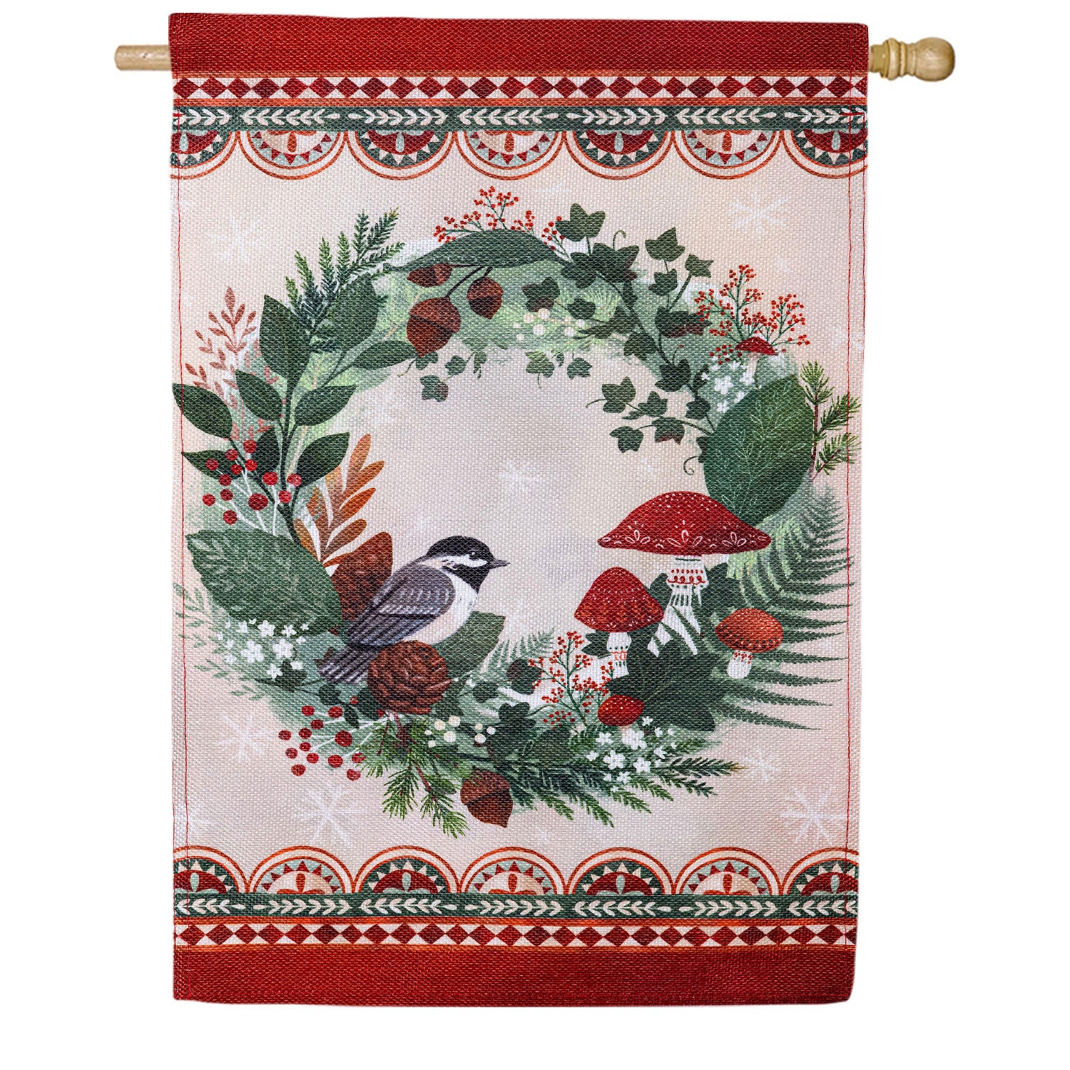 Evergreen Woodland Wreath Burlap House Flag