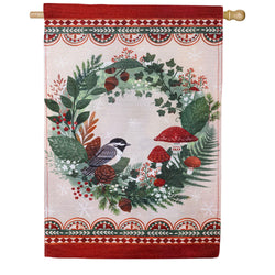 Evergreen Woodland Wreath Burlap House Flag