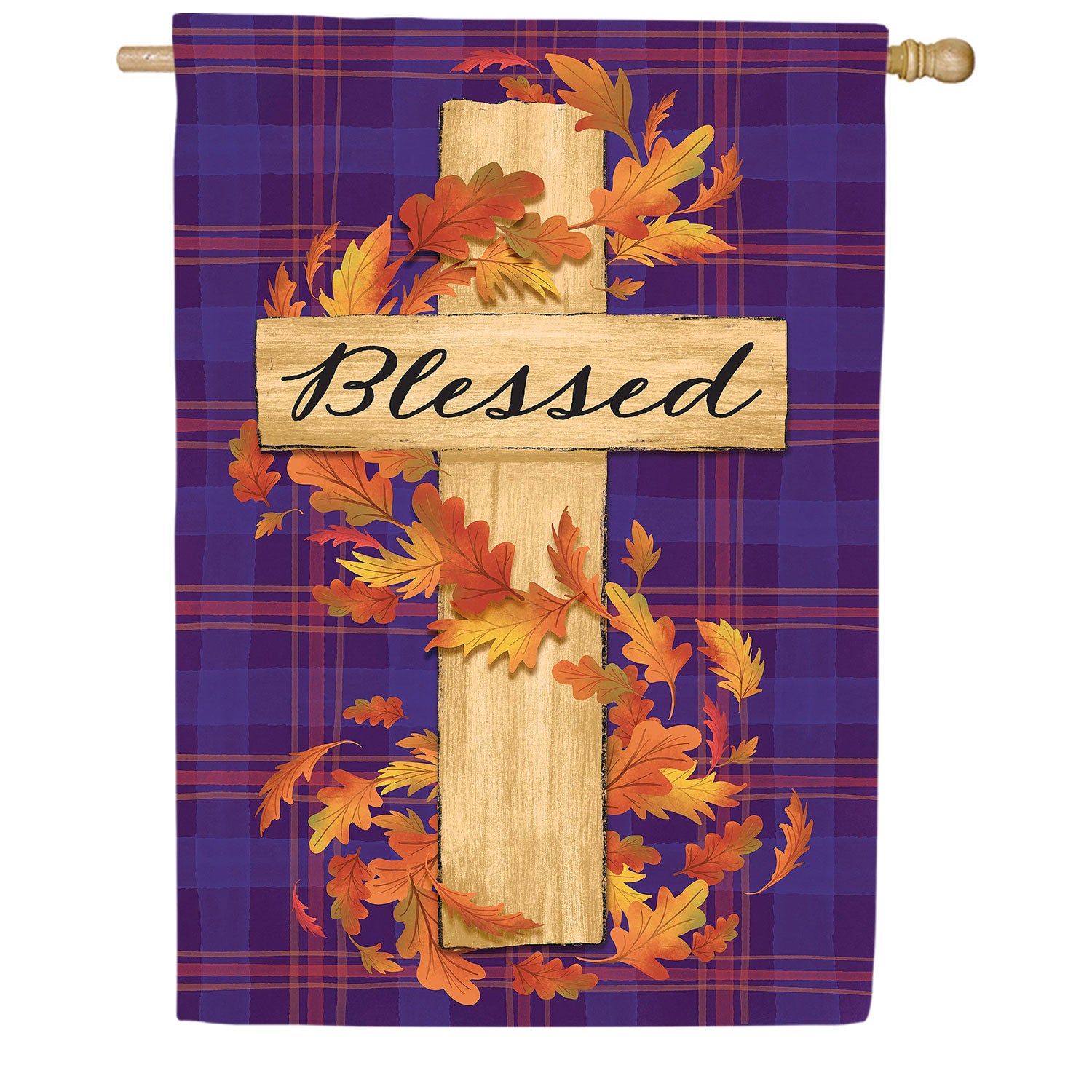 Evergreen Blessed Cross Burlap House Flag