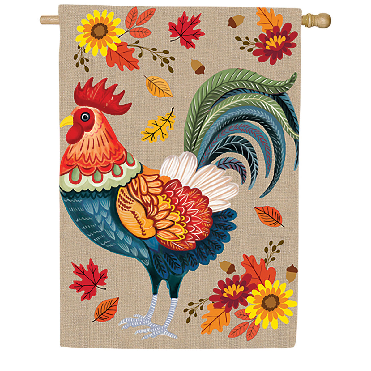 Evergreen Harvest Rooster Burlap House Flag