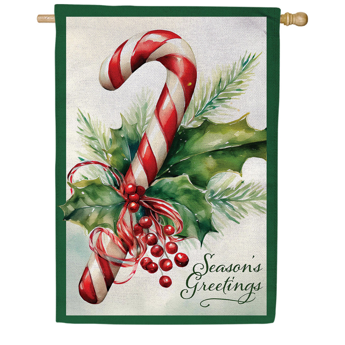 Evergreen Season's Greetings Candy Cane Burlap House Flag
