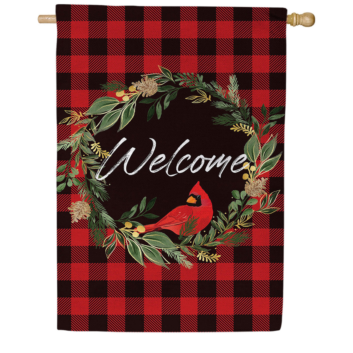 Evergreen Welcoming Cardinal Wreath Burlap House Flag