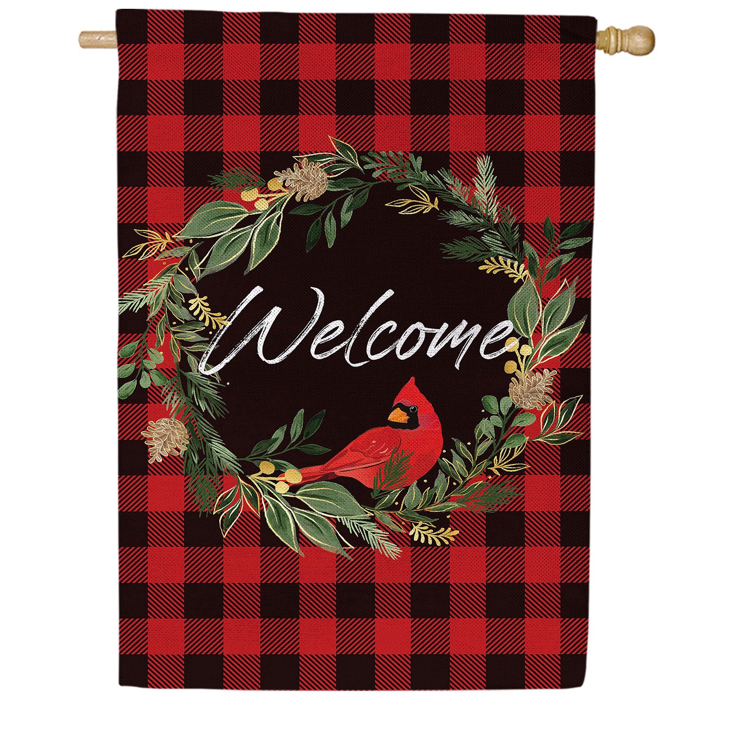 Evergreen Welcoming Cardinal Wreath Burlap House Flag